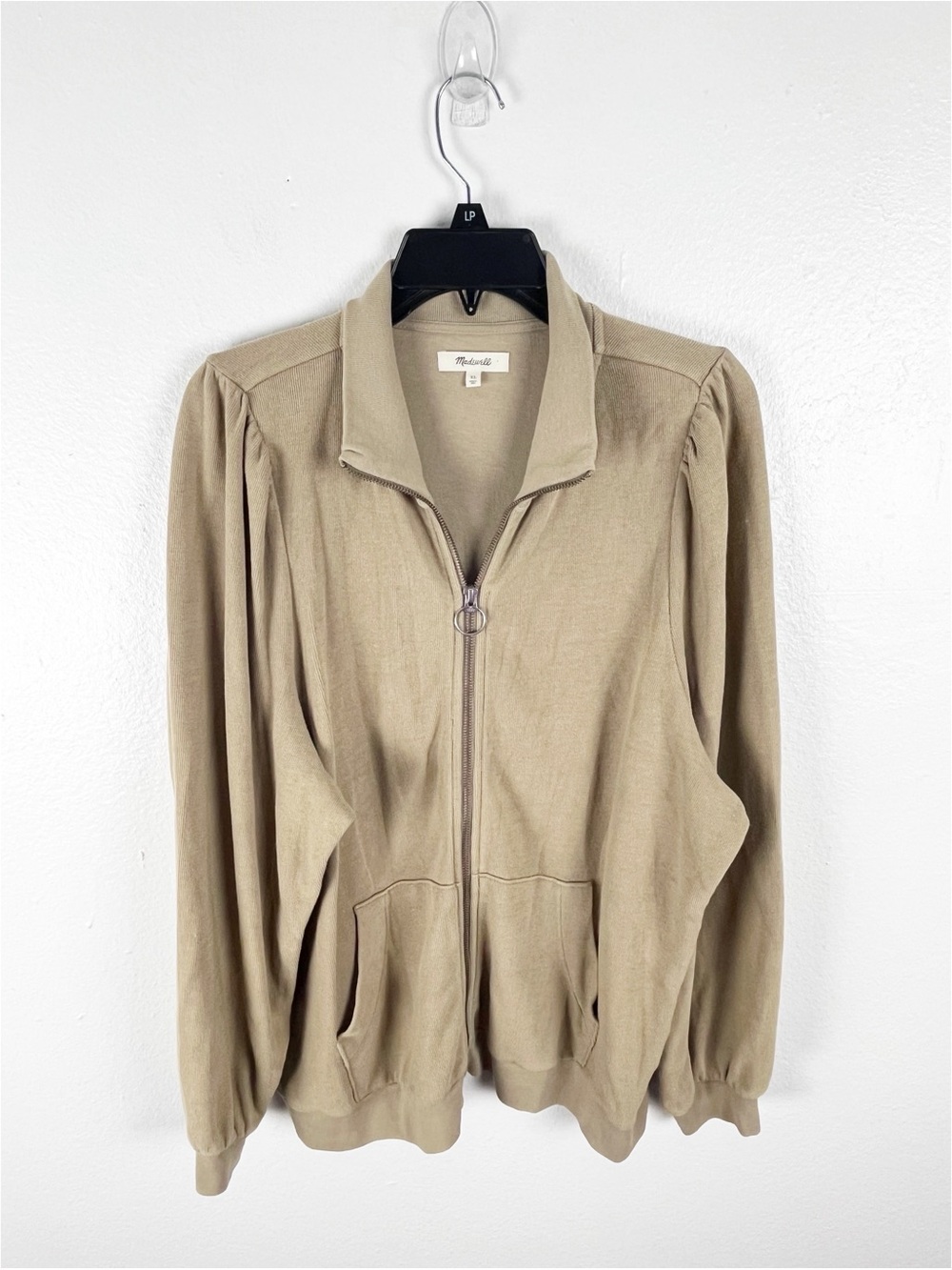 MADEWELL Garment Dyed Terry Zip Up Puff Sleeves Split Kangaroo Pocket Sweatshirt
